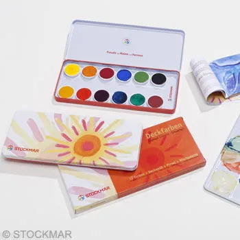 Stockmar Opaque Colours Set- 12 Colors, Opaque White, Brush + Palette